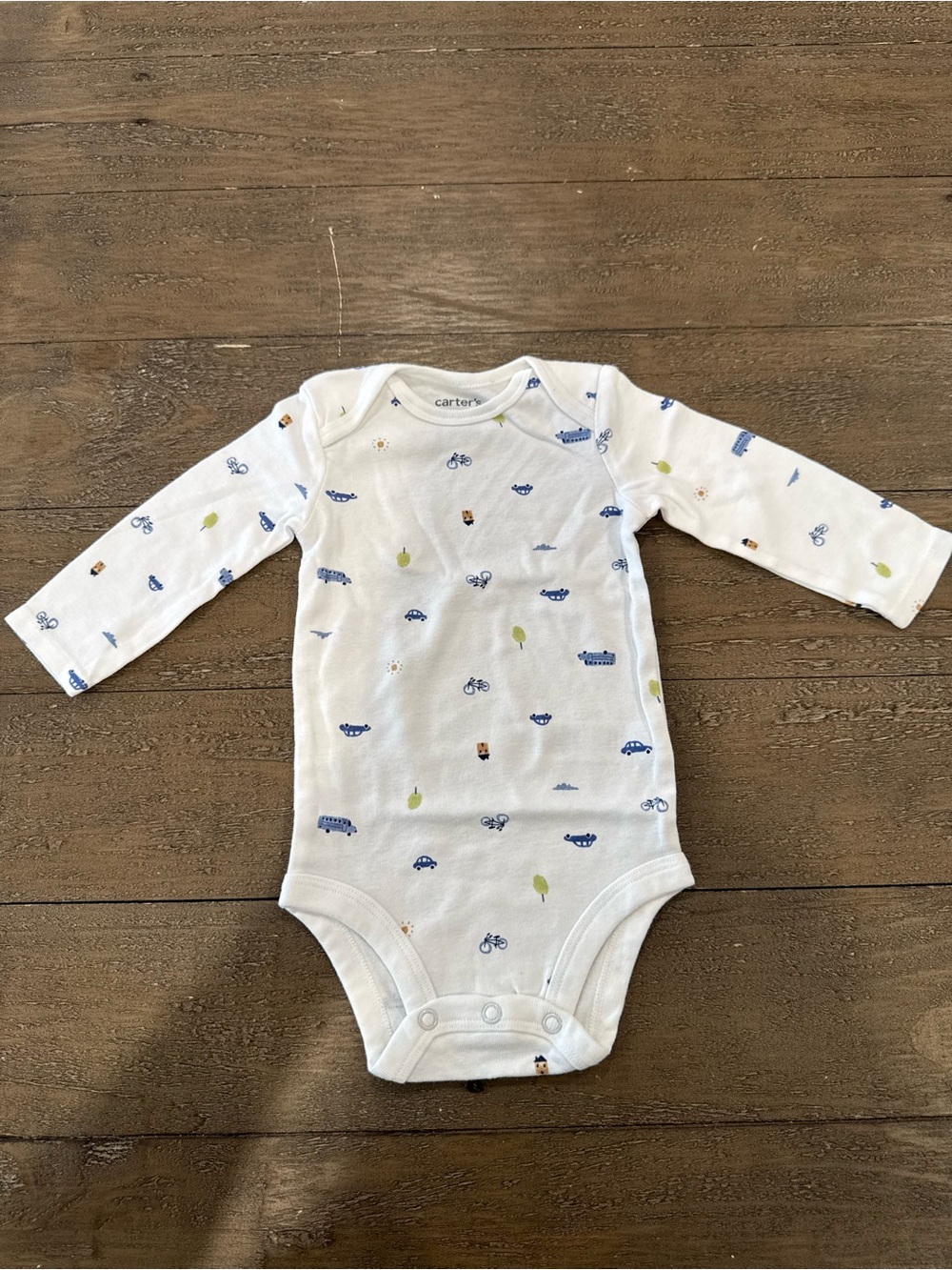 Carter's White Long-Sleeve One-Piece with Blue & Green Motifs
